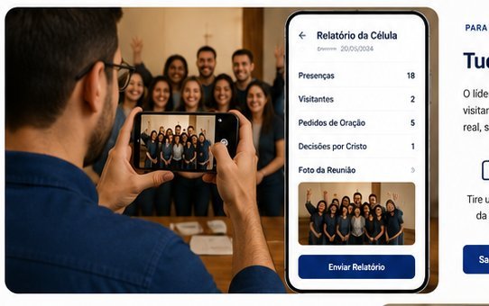 Líder registrando relatório da célula pelo celular
